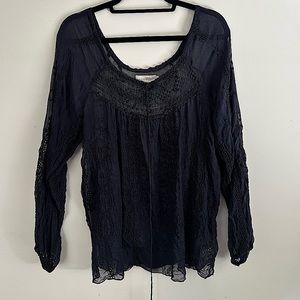 Johnny Was Navy Silk Embroidered Blouse